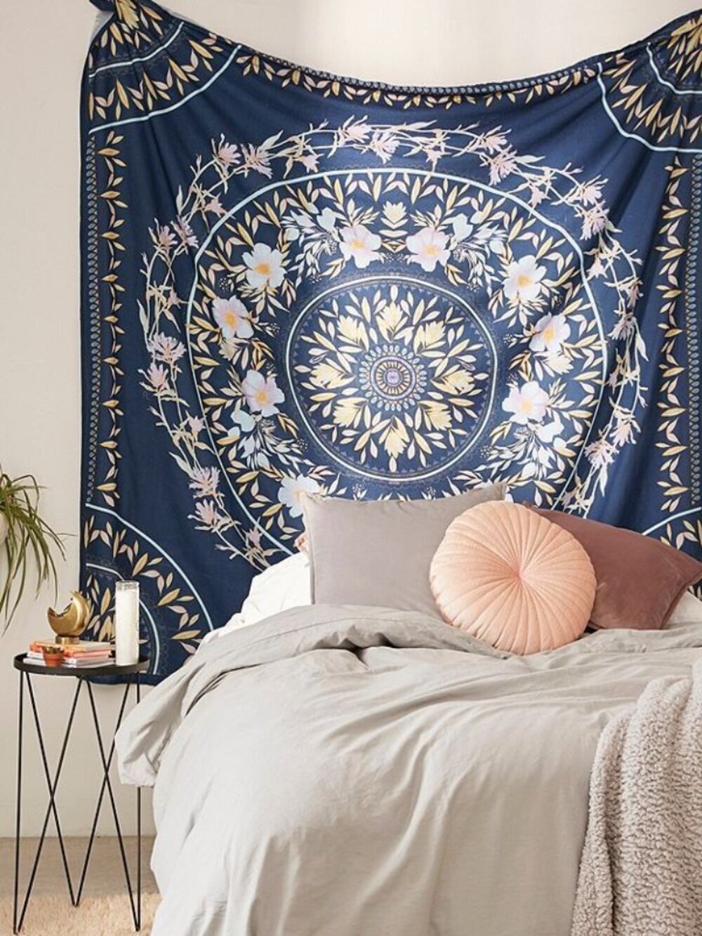 UO HOME Urban Outfitters Blue Sketched Floral Mandala 100% Cotton Tapestry